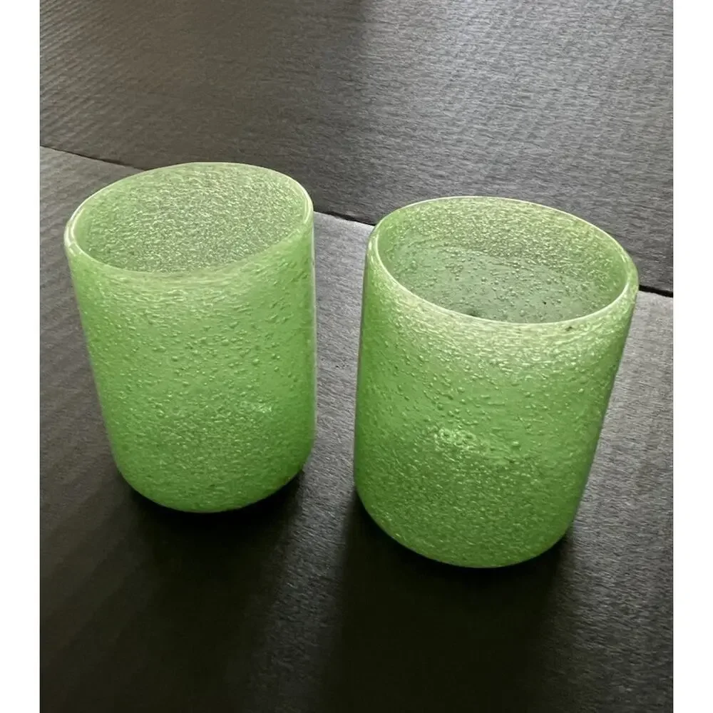 Hand Blown Green Votive Candle Holder Art Glass Bubble Glass Set Of 2 Jade 3”